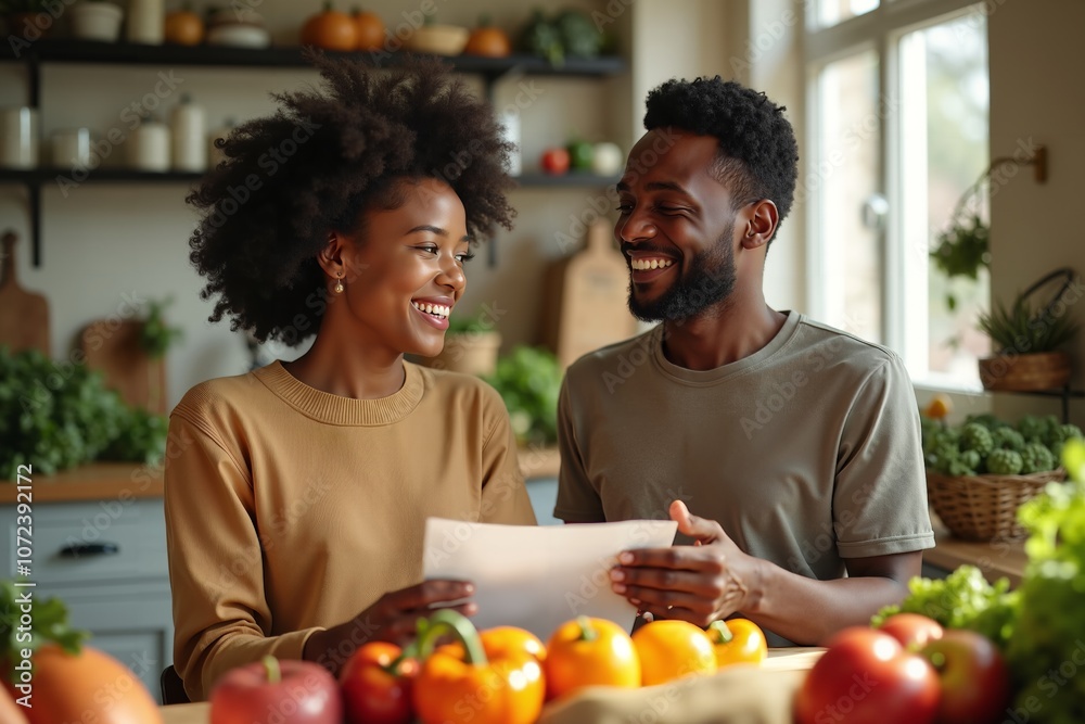 Couple in kitchen with fresh vegetables, enjoying meal planning together, creating a vibrant, joyful atmosphere Couple in kitchen with fresh vegetables, enjoying meal planning together, creating a vibrant, joyful atmosphere