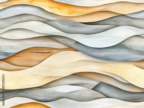 An abstract design featuring flowing waves in earthy tones of beige, brown, and gray, evoking a sense of fluidity and organic movement.