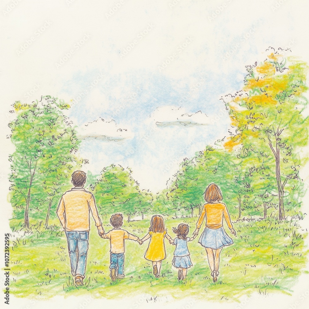 Obraz premium A family of five walks hand-in-hand through a green park, with trees on either side of them. The family is enjoying the outdoors and the fresh air.