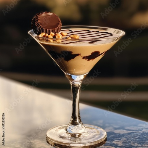 A decadent chocolate peanut butter martini garnished with chocolate and peanut pieces in a martini glass.