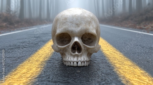 eerie human skull on foggy road with yellow lines photo