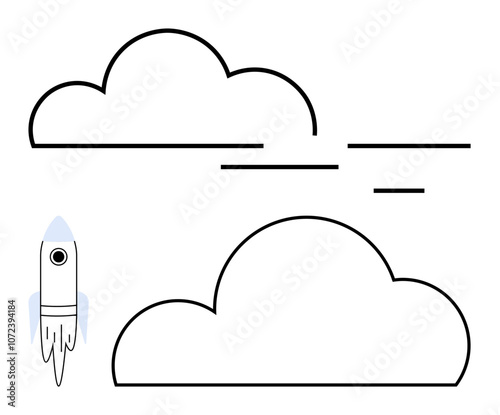 Rocket launching next to fluffy clouds and lines suggesting motion. Ideal for technology, space exploration, innovation, startup, creativity, ambition, and progress. Line metaphor