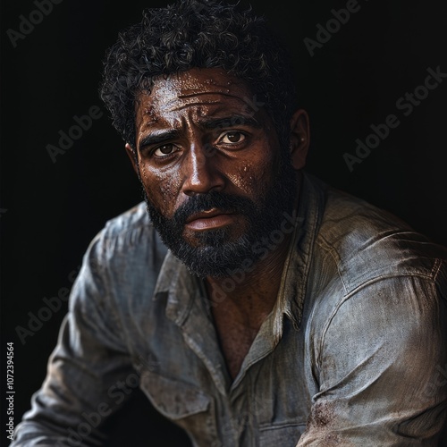 A man with a beard and a serious expression stares intensely at the camera, his face etched with the lines of hard work and life's experiences.