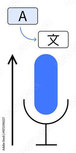 Microphone speech bubbles with text and upward arrow in blue and black. Ideal for translation, communication, growth, voice technology, multilingualism, innovation, progress. Line metaphor