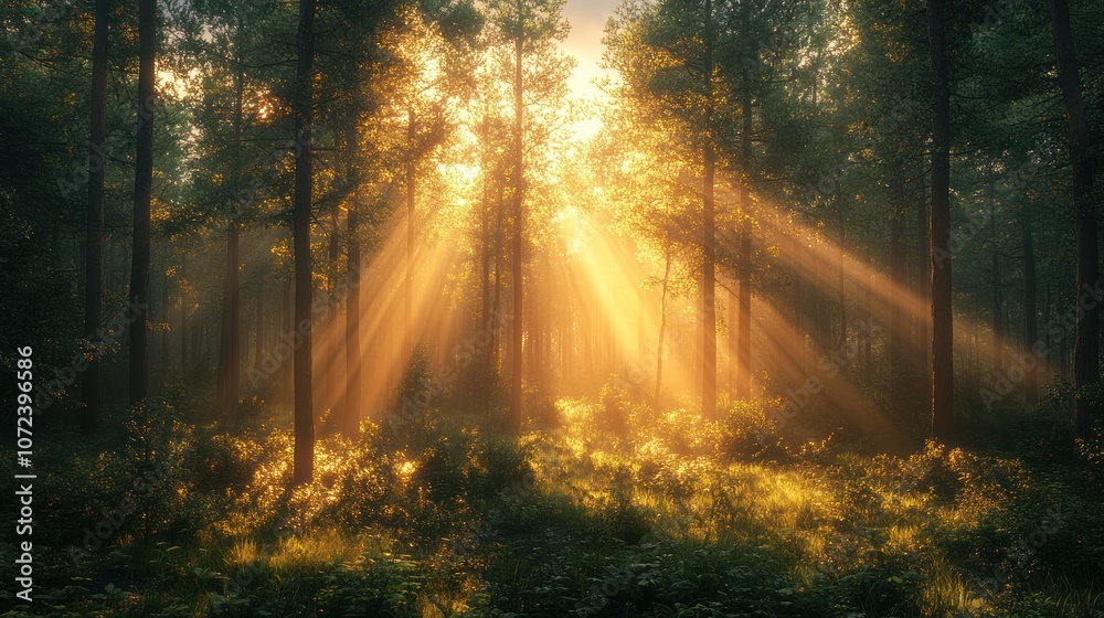 Fototapeta premium Sunlight streams through trees in a serene forest setting.