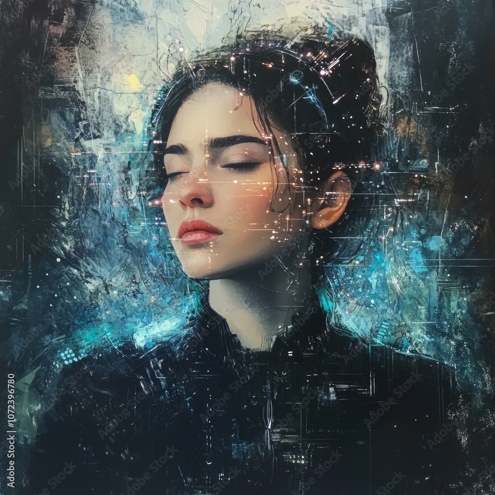 A woman with her eyes closed, surrounded by a digital cityscape. A woman with her eyes closed, surrounded by a digital cityscape.