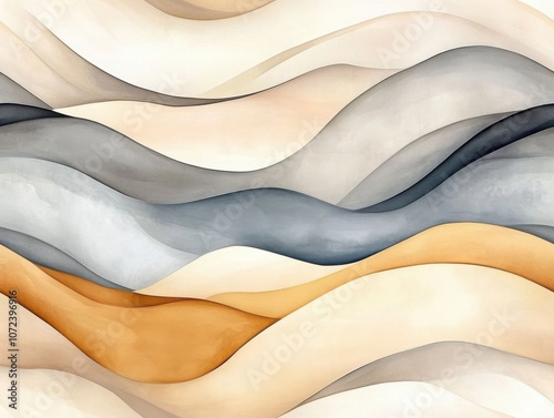 Abstract watercolor waves in soft earth tones create a harmonious and serene visual flow, evoking a sense of calm and tranquility.