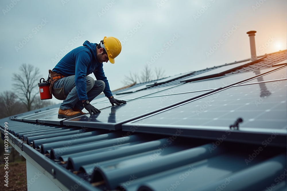 Worker Installing Solar Panels on Residential Roof Worker Installing Solar Panels on Residential Roof