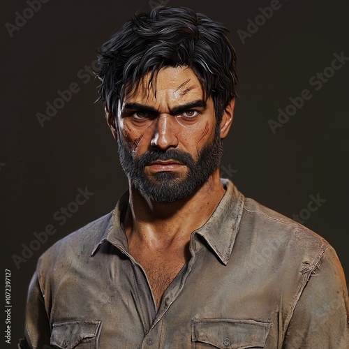 Close-up portrait of a man with a beard and scars on his face, looking serious.