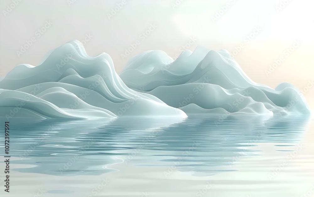A serene and abstract representation of icy mountains floating on tranquil waters, illuminated by soft, diffused light, creating a peaceful, ethereal atmosphere. A serene and abstract representation of icy mountains floating on tranquil waters, illuminated by soft, diffused light, creating a peaceful, ethereal atmosphere.
