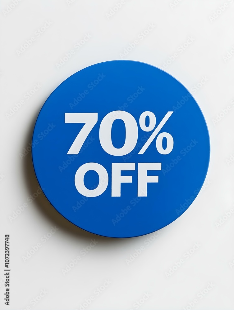 White '70% OFF' Text on a Blue Round Paper Note. White Background White '70% OFF' Text on a Blue Round Paper Note. White Background