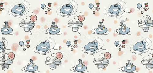  Seamless pattern of vintage bathroom items with mirrors and floral designs