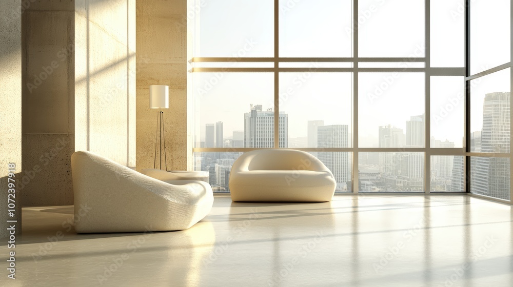 Fototapeta premium Modern interior design featuring plush sofas and large windows with urban city views.