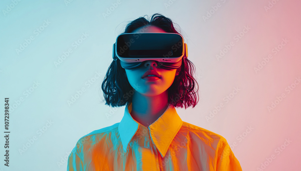 A person wearing VR goggles in a colorful, futuristic setting. A person wearing VR goggles in a colorful, futuristic setting.