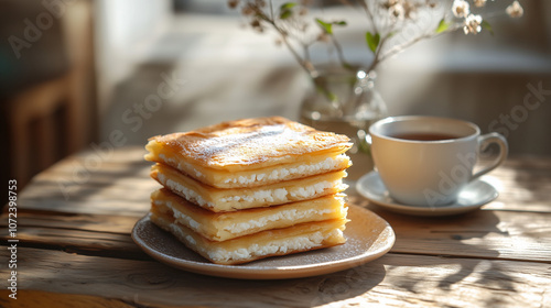 Stack of palacsinta with powdered sugar and cup of coffee photo