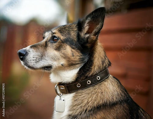 Una toma detallada de un perro que lleva un collar con una placa con su nombre, con el fondo suavemente difuminado para mostrar el entorno de la perrera.