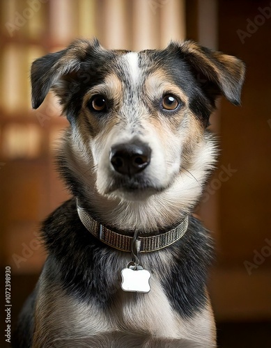 Una toma detallada de un perro que lleva un collar con una placa con su nombre, con el fondo suavemente difuminado para mostrar el entorno de la perrera. photo