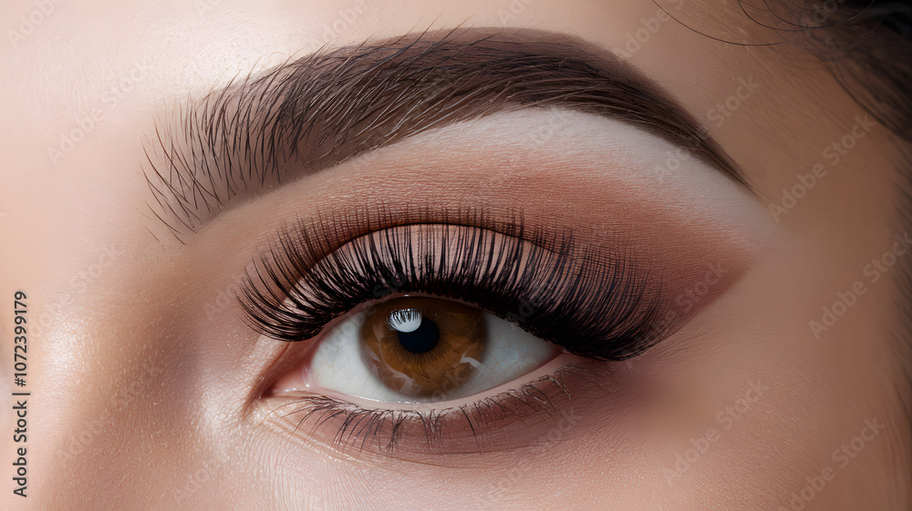 Close-up of a woman's eye with stylish makeup, showcasing long lashes and expertly shaped brows in natural lighting Close-up of a woman's eye with stylish makeup, showcasing long lashes and expertly shaped brows in natural lighting