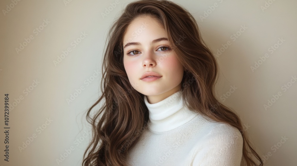 Elegant Portrait of Young Woman with Soft Waves and Natural Beauty Elegant Portrait of Young Woman with Soft Waves and Natural Beauty