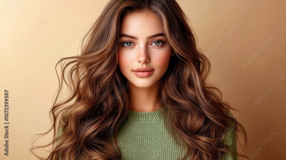 Fototapeta premium Gorgeous Young Woman with Vibrant Hair Against Warm Background