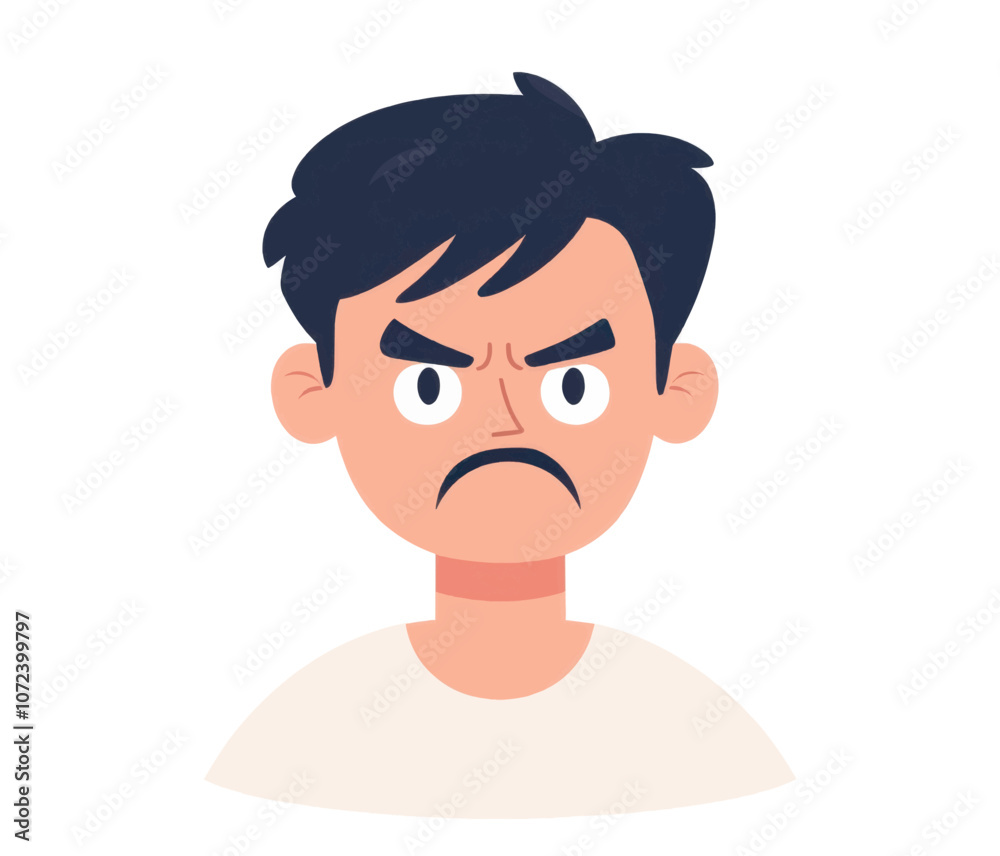 Cartoon boy with a big, angry expression on his face. He is wearing a white shirt. Flat vector illustration isolated. Cartoon boy with a big, angry expression on his face. He is wearing a white shirt. Flat vector illustration isolated.