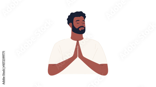 Man is praying in a white shirt. He is praying with his hands together. Flat vector illustration isolated.