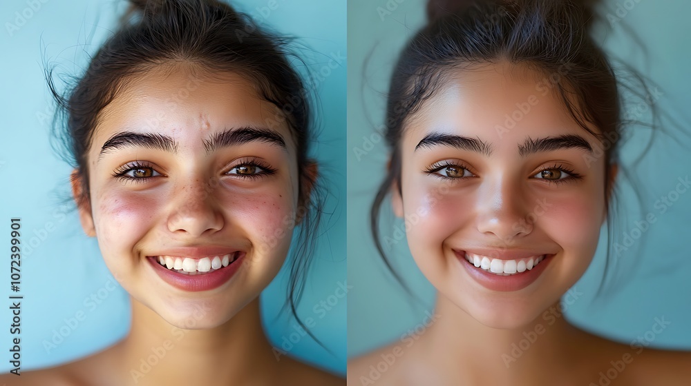 Woman showing skin retouching before and after treatment Woman showing skin retouching before and after treatment