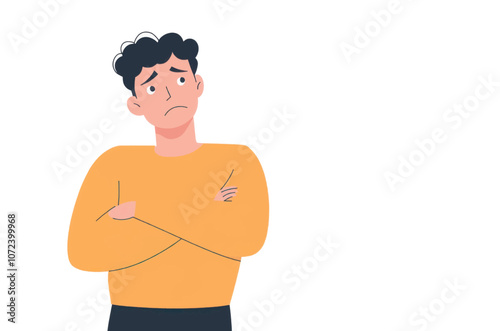 Man in a yellow shirt is looking down. He is crossed arms and has a frown on his face. Flat vector illustration isolated.