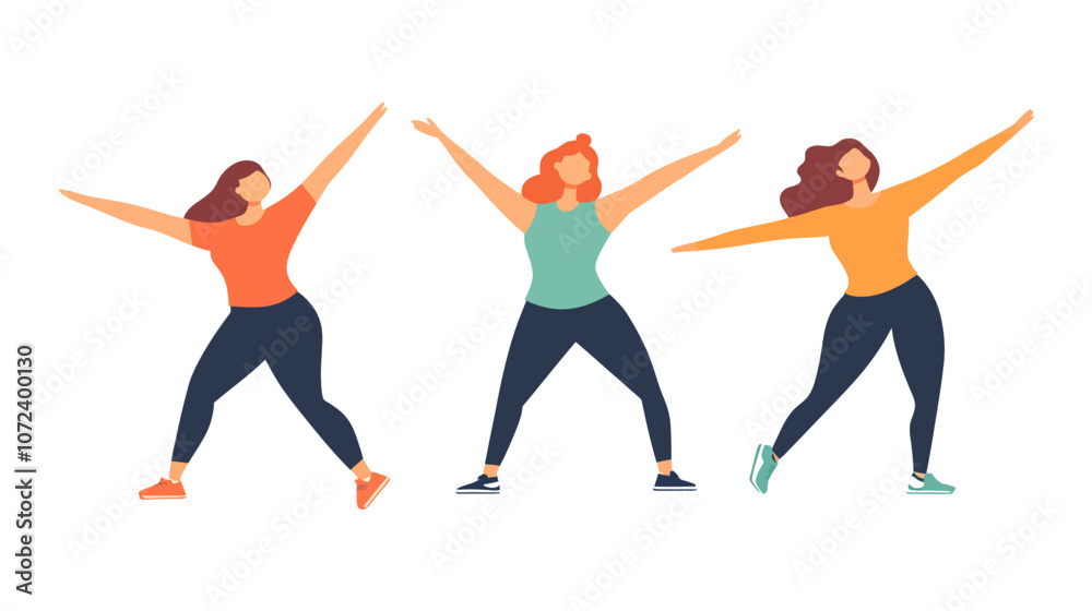 Three women are dancing and exercising. One of them is wearing a yellow shirt. Flat vector illustration isolated. Three women are dancing and exercising. One of them is wearing a yellow shirt. Flat vector illustration isolated.