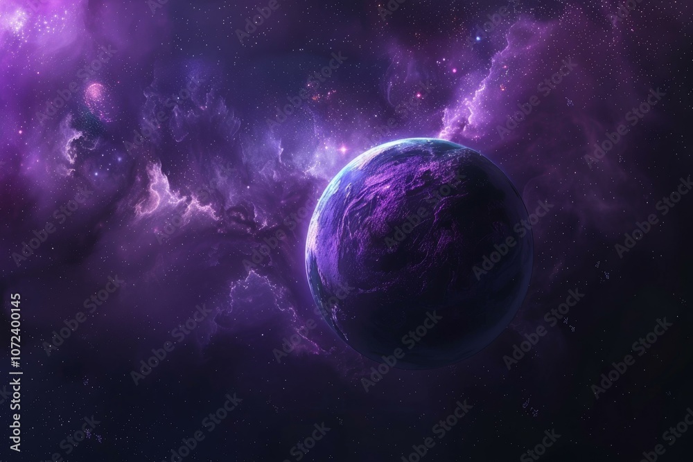 Purple exoplanet is rotating in a distant galaxy, surrounded by nebulae, stars, and cosmic dust Purple exoplanet is rotating in a distant galaxy, surrounded by nebulae, stars, and cosmic dust