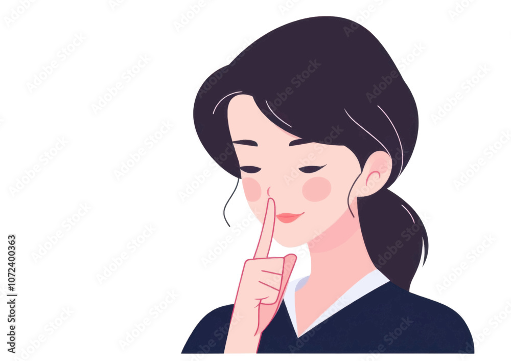 Woman with a nose is holding her nose and pointing to it. She is wearing a blue shirt. Flat vector illustration isolated. Woman with a nose is holding her nose and pointing to it. She is wearing a blue shirt. Flat vector illustration isolated.