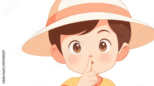 Cartoon boy with a white hat and a pink nose. He is looking at the camera. He is holding his nose. Flat vector illustration isolated.