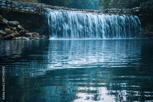 Elegant waterfall flows into a tranquil blue pond