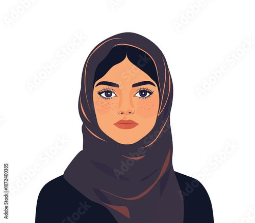 Woman wearing a black scarf. She has brown eyes and a brown nose. She is smiling. Flat vector illustration isolated.