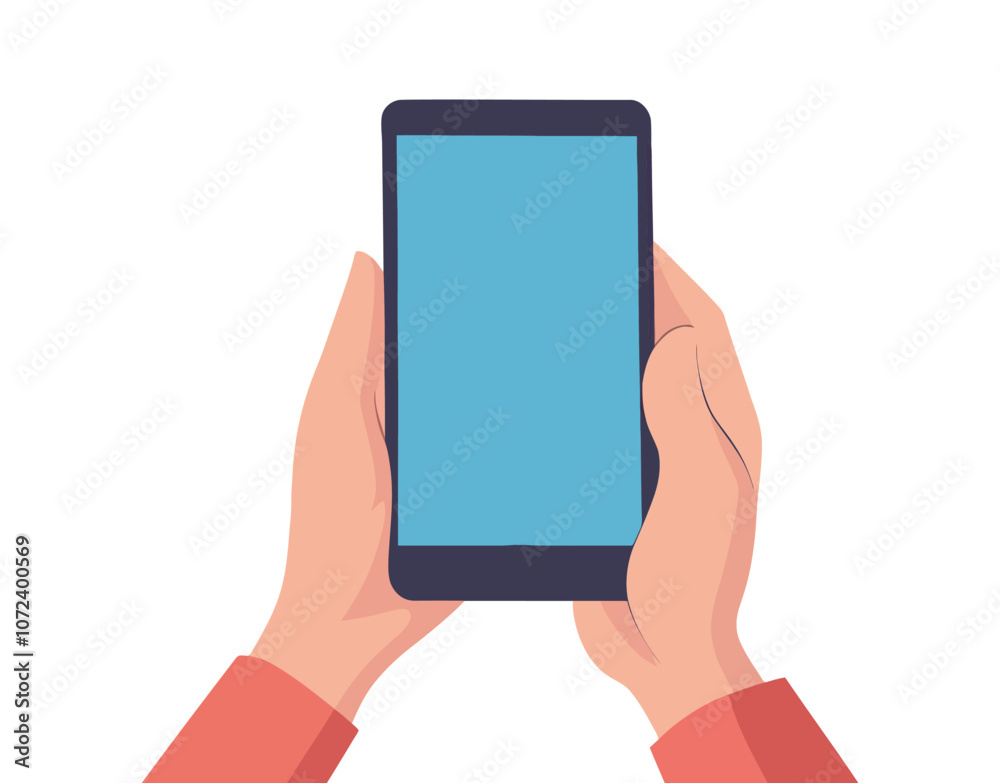 Person is holding a tablet with a blue screen. The screen is empty. Flat vector illustration isolated. Person is holding a tablet with a blue screen. The screen is empty. Flat vector illustration isolated.
