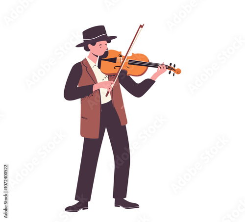 Man is playing a violin. He is wearing a hat and a jacket. The hat is black. Flat vector illustration isolated.