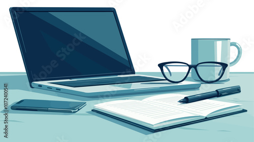 Laptop is on a table with a pen and a cup of coffee. A cell phone is also on the table. Flat vector illustration isolated.