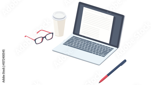 Laptop is placed on a table with a red pen and a cup of coffee nearby. The laptop screen is blank. Flat vector illustration isolated.