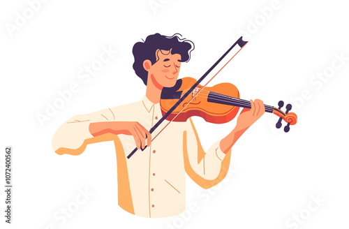 Man is playing a violin. He is smiling. The violin is brown. The man is sitting. Flat vector illustration isolated.