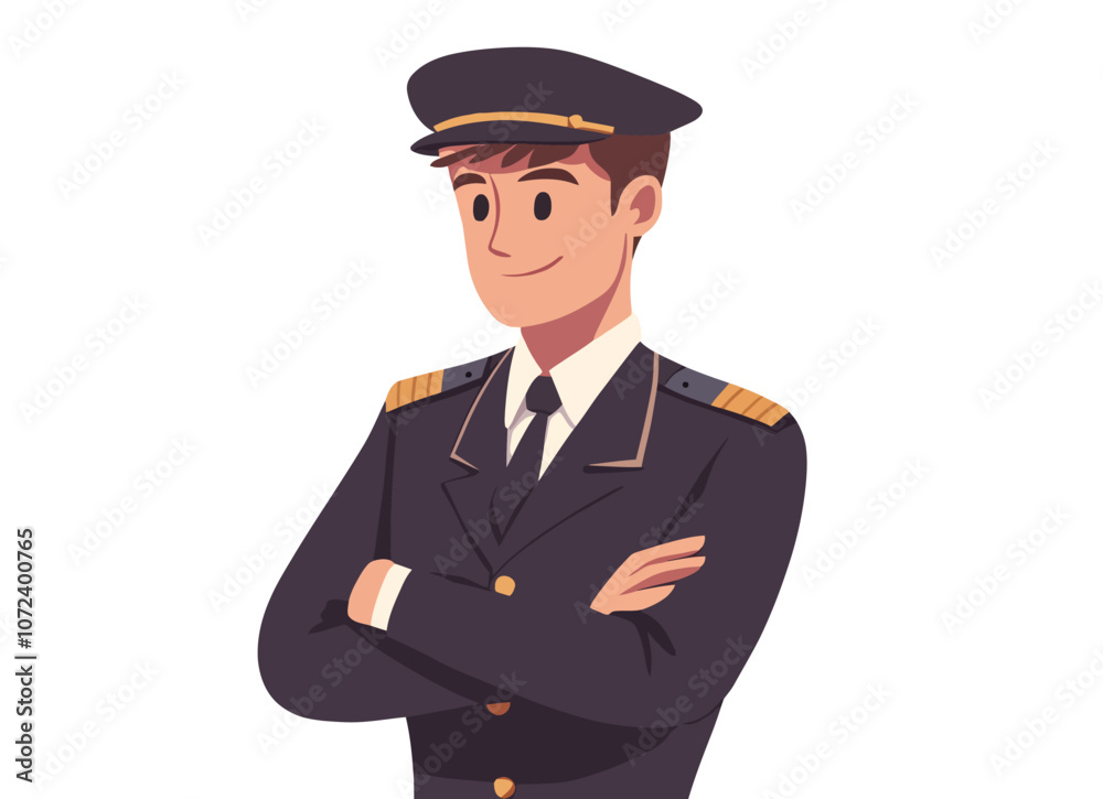 Man in a uniform is smiling. He is wearing a hat and a tie. He is standing with his arms crossed. Flat vector illustration isolated. Man in a uniform is smiling. He is wearing a hat and a tie. He is standing with his arms crossed. Flat vector illustration isolated.