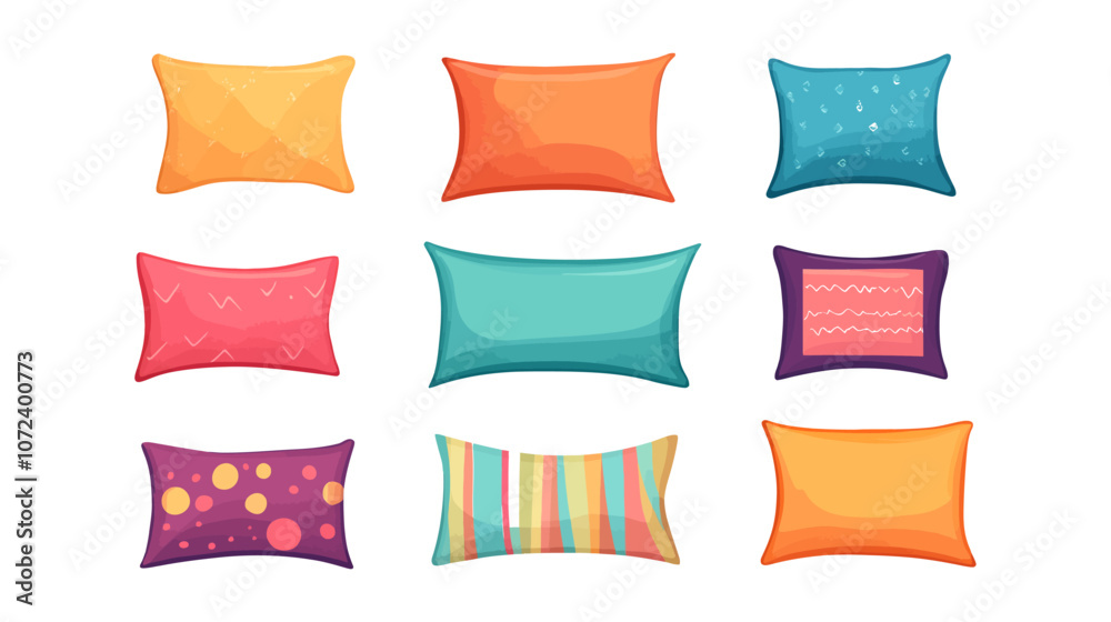 Set of pillows with different colors and patterns. The pillows are arranged in a row. Flat vector illustration isolated. Set of pillows with different colors and patterns. The pillows are arranged in a row. Flat vector illustration isolated.