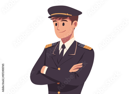 Man in a uniform is smiling. He is wearing a hat and a tie. He is standing with his arms crossed. Flat vector illustration isolated.