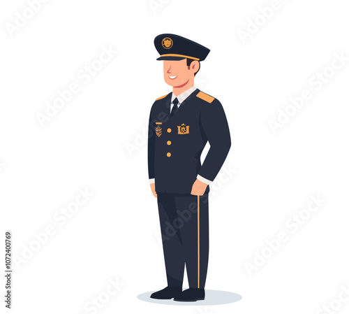 Man in a uniform is standing in front of a white background. He is wearing a hat and a tie. Flat vector illustration isolated.