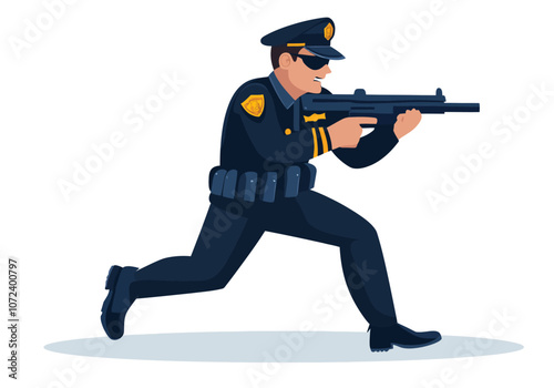Police officer is running with a gun. He is wearing a blue uniform. Flat vector illustration isolated.
