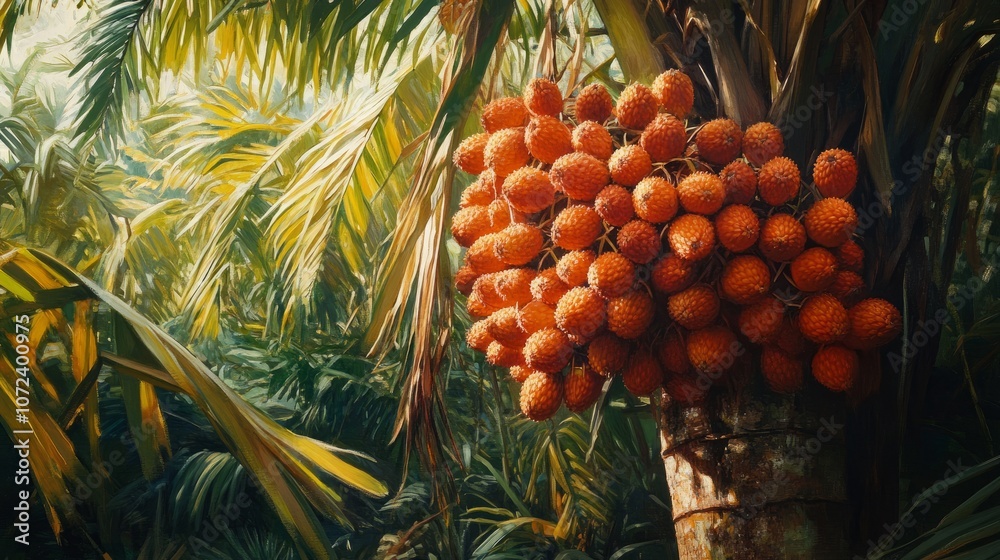 A close-up view of an oil palm tree with clusters of ripe, red-orange fruit bunches hanging from the trunk, glistening in the sunlight. A close-up view of an oil palm tree with clusters of ripe, red-orange fruit bunches hanging from the trunk, glistening in the sunlight.