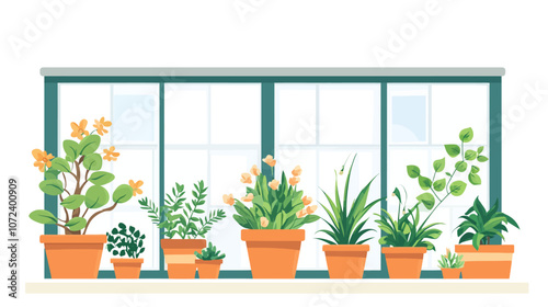 Row of potted plants sit on a window sill. The plants are of various sizes and colors. Flat vector illustration isolated.