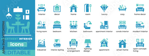 Modern apartment interior vector icon set, perfect for home decor, room styling, and real estate projects. Fully editable and scalable designs