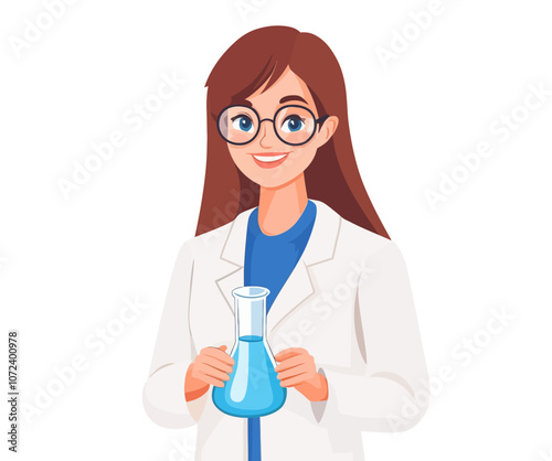 Woman in a lab coat holding a beaker. She is smiling. The beaker is blue. Flat vector illustration isolated.