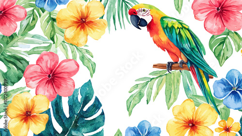Colorful painting of a parrot sitting on a branch in front of a flowery background. Flat vector illustration isolated.