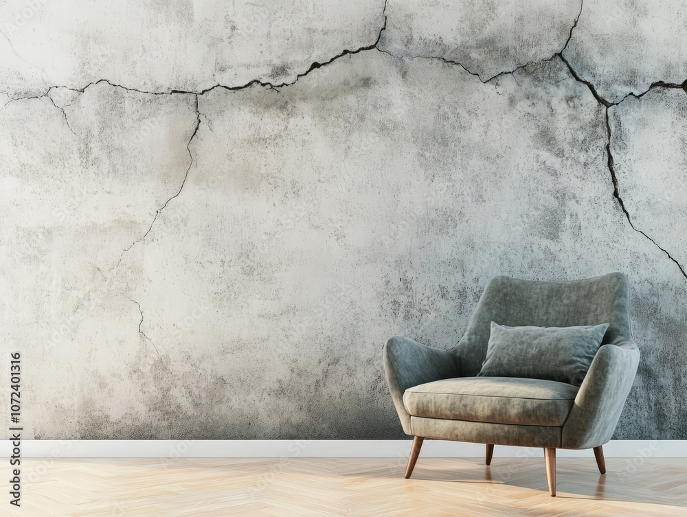 Modern interior with a cracked wall and stylish, comfortable armchair. Modern interior with a cracked wall and stylish, comfortable armchair.